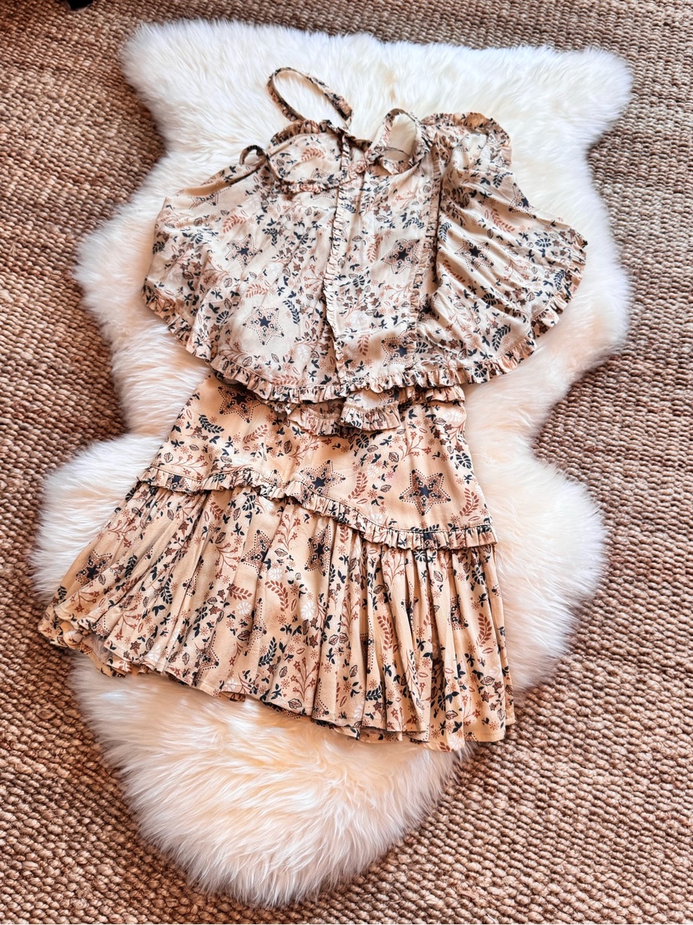 Spell Beige Floral Ruffled Two-Piece Set